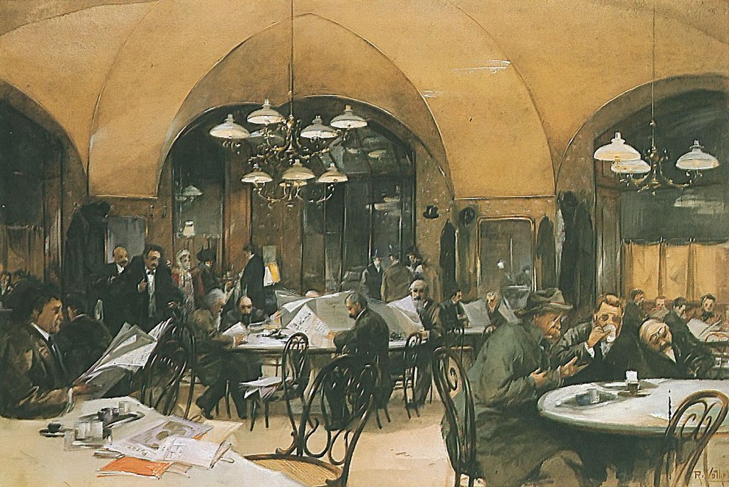 A painting by Reinhold Völker showing the inside of Vienna's Café Griensteidl during the Fin de Siecle, with many (all male) patrons reading newspapers and avidly discussing all manner of things.