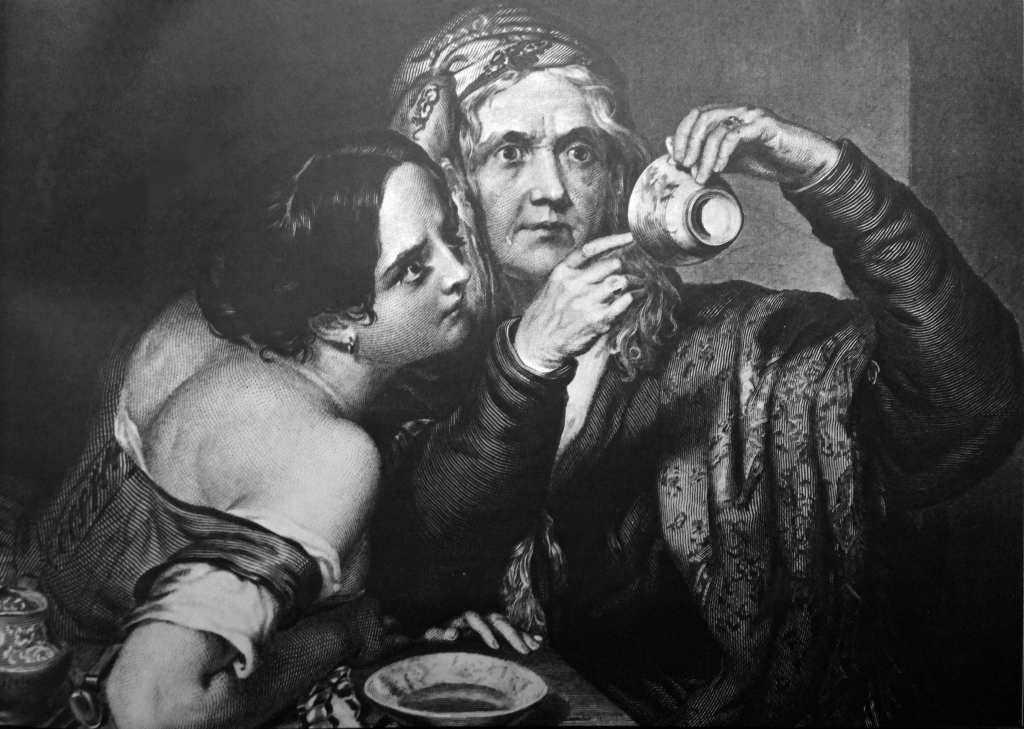 An engraving by Nicholas Crowley, showing a man and a woman looking intently into the bottom of a cup, presumably engaging in the hum-bug of fortune telling my "reading" coffee ground dregs remaining at the bottom of the cup.