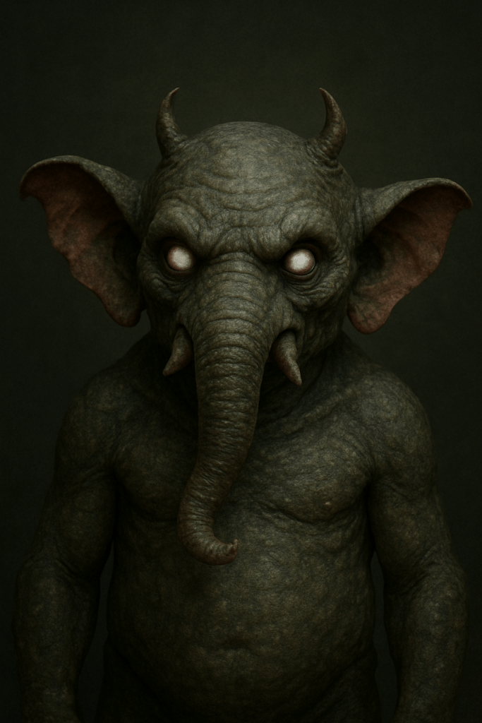 An image rendered by an artificial intelligence, in a realistic style, based on the description of the demon Krapsop as given in the text. The image is very dark and brooding, the dead eyes and horns on the elephant's head are scary, the small body, only the torso of which can be seen on the image, looks powerful and with a tough, almost reptilian skin.