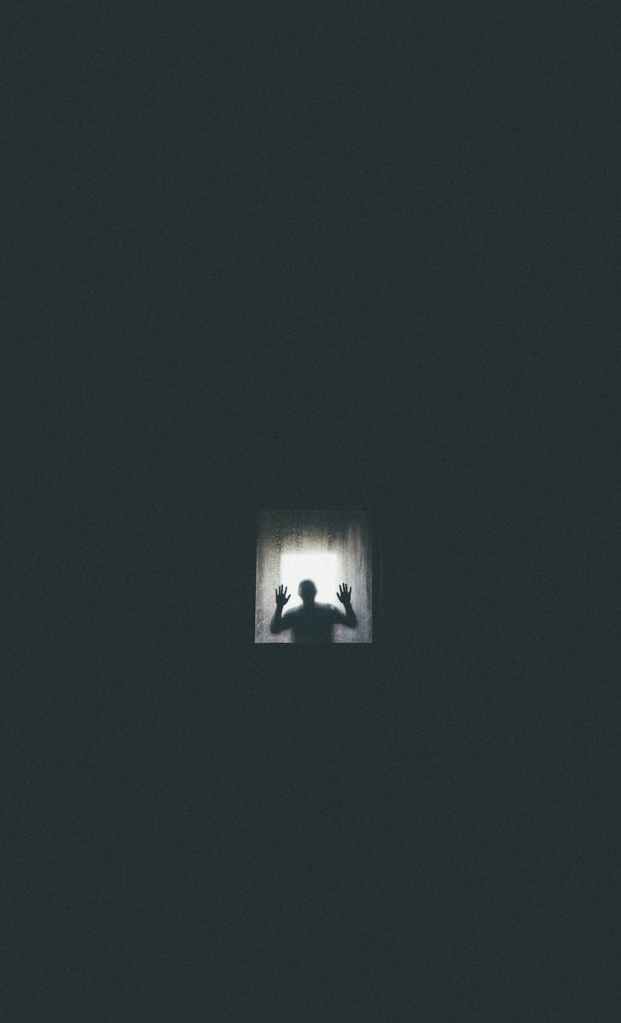 An almost completely black image. Only on a little square in the middle, do you see the sillouette of a person with his hands raised and as if pressed against glass. The feeling is one of fear and isolation and helplessness.